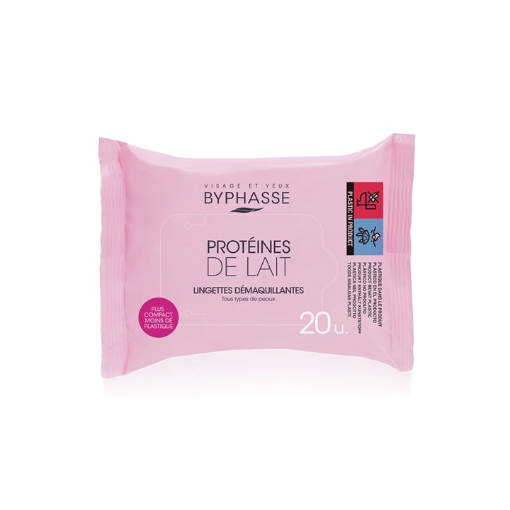 BYPHASSE Lingettes Demaquillantes Proteines de Lait tous Types de Peaux 20u